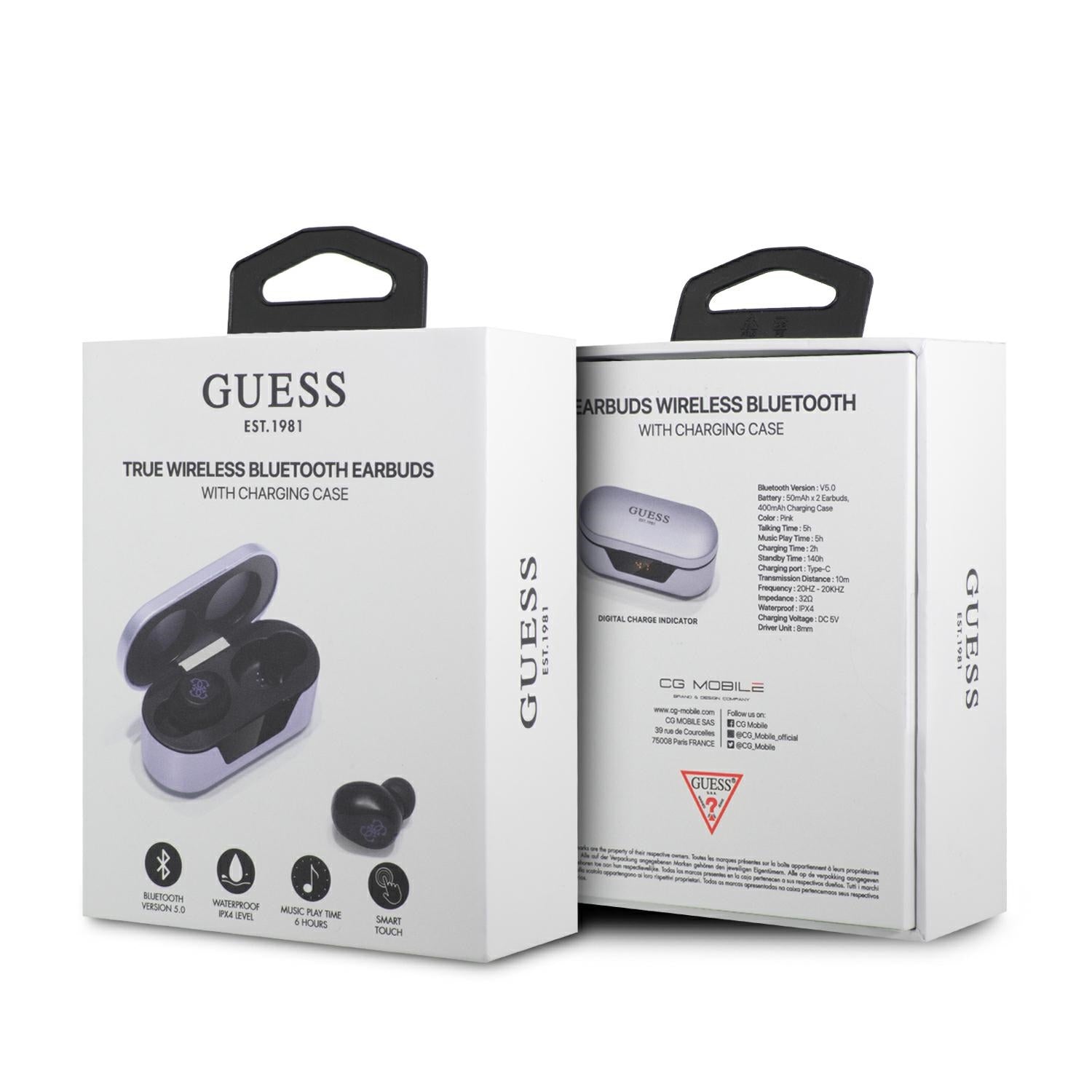 Guess GUTWST31EU TWS Bluetooth ausinės + prijungimo stotelė violetinė/violetinė