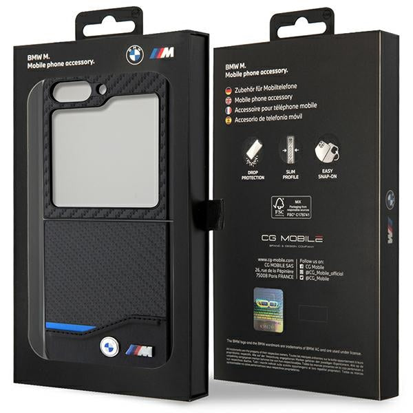 BMW Leather Carbon dėklas Samsung Galaxy Z Flip5 – juodas -- Samsung Galaxy Z Flip 5