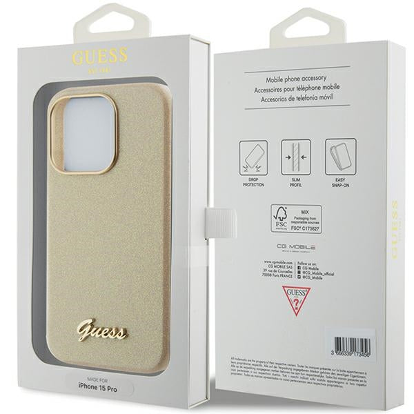 Guess blizgus dėklas iPhone 15 Pro – auksinis