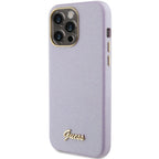 Guess dėklas iPhone 15 Pro – alyvinis, su blizgučiais