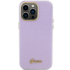 Guess dėklas iPhone 15 Pro – alyvinis, su blizgučiais