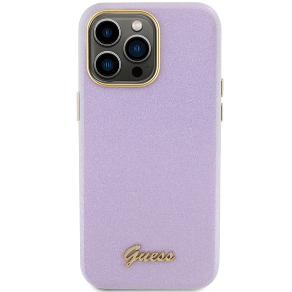 Guess dėklas iPhone 15 Pro – alyvinis, su blizgučiais
