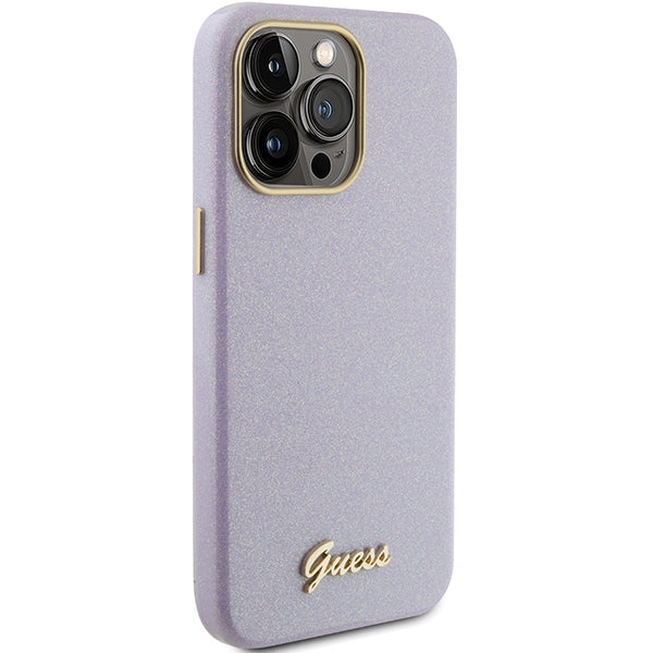 Guess dėklas iPhone 15 Pro – alyvinis, su blizgučiais