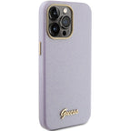 Guess dėklas iPhone 15 Pro – alyvinis, su blizgučiais