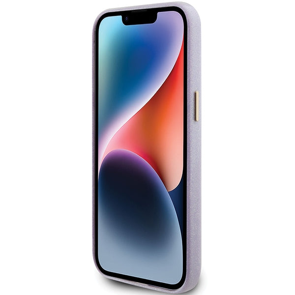 Guess dėklas iPhone 15 Pro – alyvinis, su blizgučiais