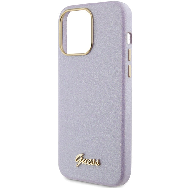 Guess dėklas iPhone 15 Pro – alyvinis, su blizgučiais