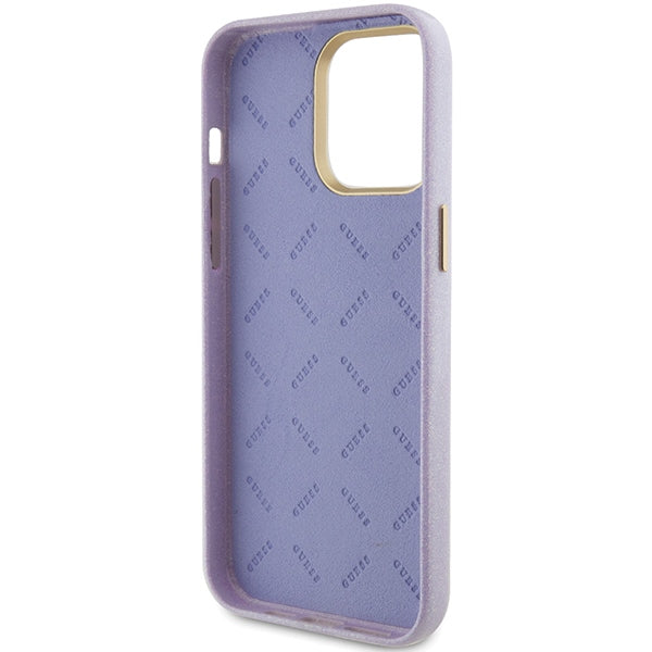 Guess dėklas iPhone 15 Pro – alyvinis, su blizgučiais
