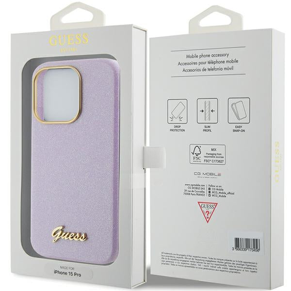 Guess dėklas iPhone 15 Pro – alyvinis, su blizgučiais