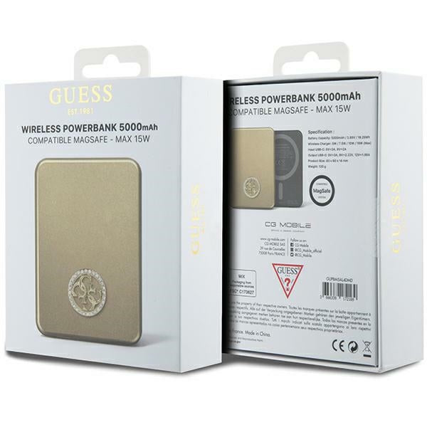 Guess MagSafe 4G Strassed Metal Logo indukcinė išorinė baterija 15W 5000mAh - auksinė