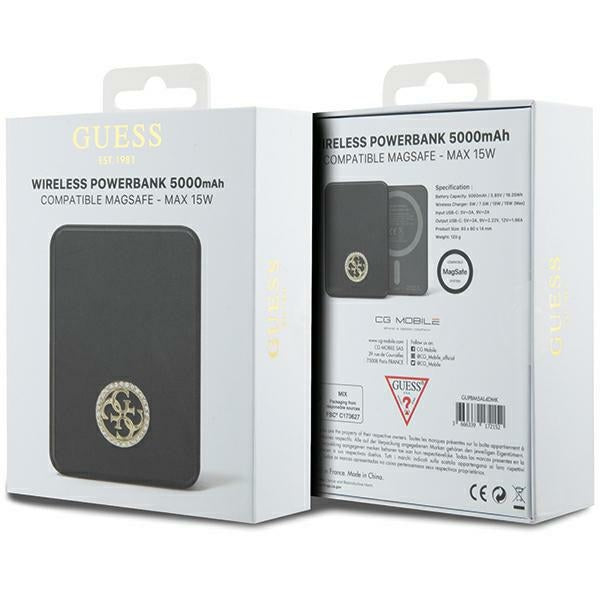 Guess MagSafe 4G Strassed Metal Logo indukcinė išorinė baterija 15W 5000mAh - juodas