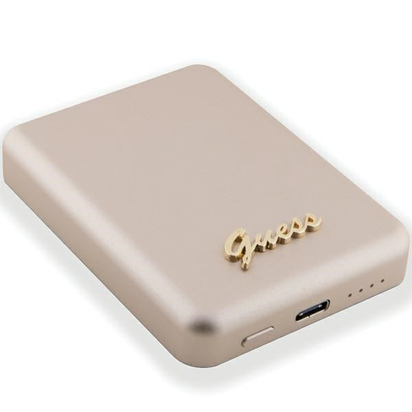 Guess MagSafe Metal Script Logo indukcinė išorinė baterija 15W 5000mAh - auksinis