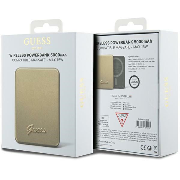 Guess MagSafe Metal Script Logo indukcinė išorinė baterija 15W 5000mAh - auksinis