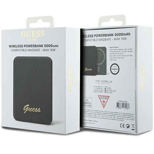 Guess MagSafe Metal Script Logo indukcinė išorinė baterija 15W 5000mAh - juodas