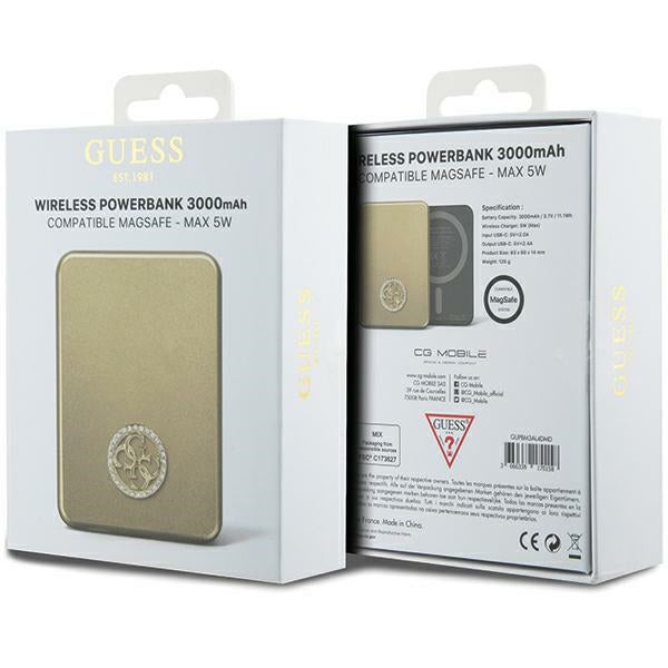 Guess MagSafe 4G Strassed Metal Logo indukcinė išorinė baterija 5W 3000mAh - auksinis