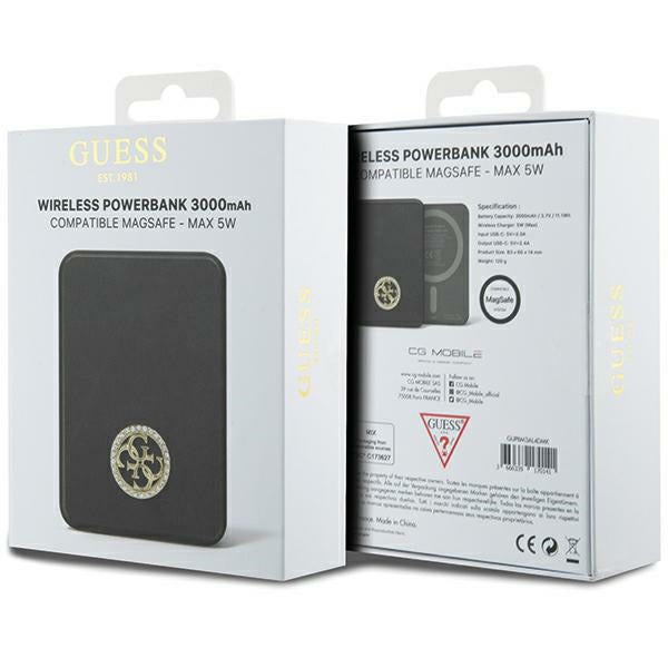 Guess MagSafe 4G Strassed Metal Logo indukcinė išorinė baterija 5W 3000mAh - juodas