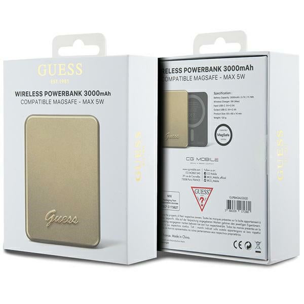 Guess MagSafe Metal Script Logo indukcinė išorinė baterija 5W 3000mAh - auksinis