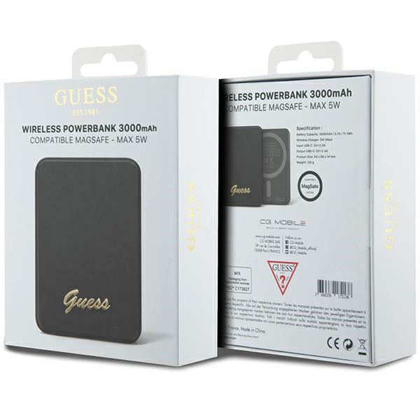 Guess MagSafe Metal Script Logo indukcinė išorinė baterija 5W 3000mAh - juodas