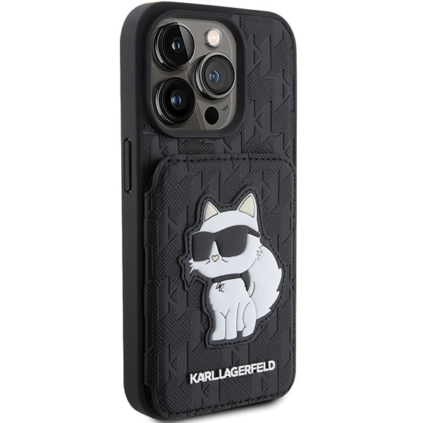 Karl Lagerfeld dėklas iPhone 15 Pro – juodas, su kortelių skyreliu