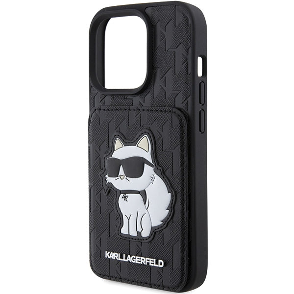Karl Lagerfeld dėklas iPhone 15 Pro – juodas, su kortelių skyreliu