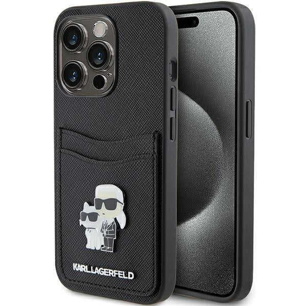 Karl Lagerfeld dėklas su kortelių kišene iPhone 15 Pro – juodas