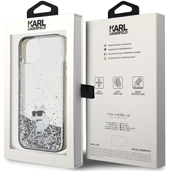Karl Lagerfeld Liquid Glitter Choupette dėklas iPhone 15 Plus – skaidrus