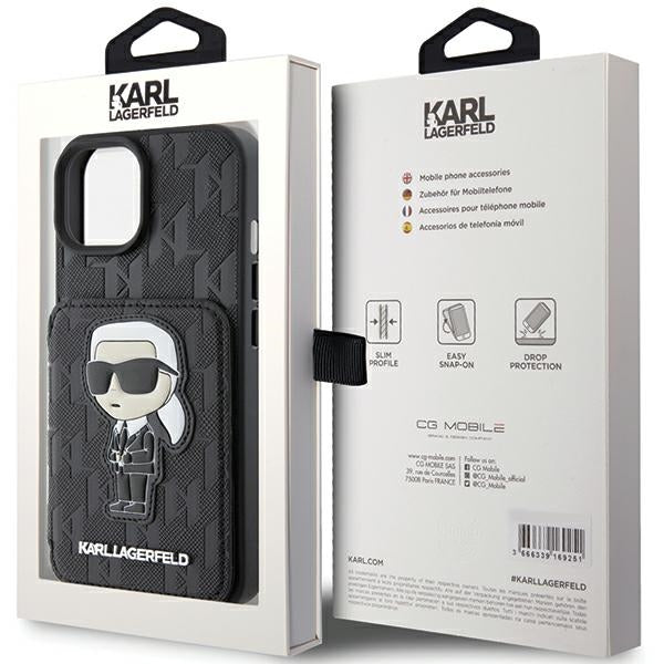 Karl Lagerfeld dėklas iPhone 15 – juodas, kortelėms