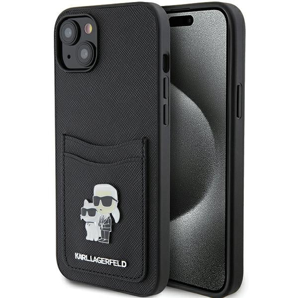 Karl Lagerfeld Saffiano dėklas su kortelių kišene iPhone 15 – juodas