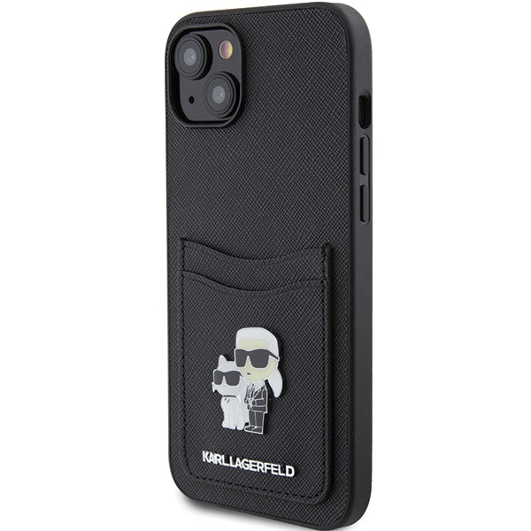 Karl Lagerfeld Saffiano dėklas su kortelių kišene iPhone 15 – juodas