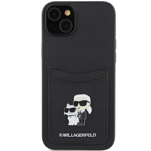 Karl Lagerfeld Saffiano dėklas su kortelių kišene iPhone 15 – juodas
