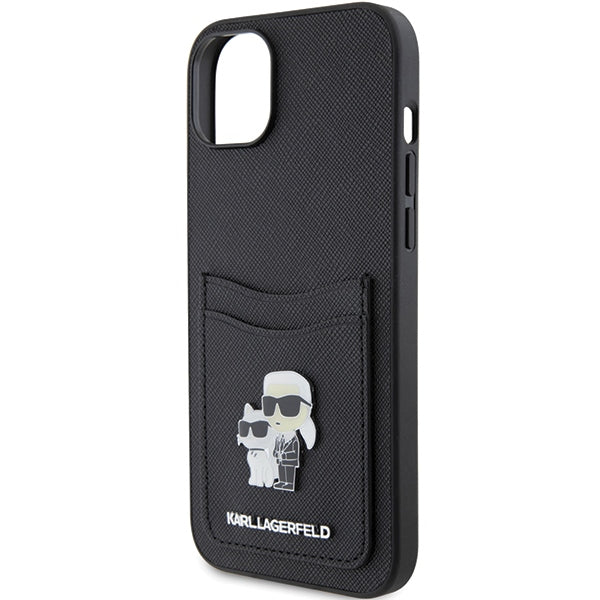 Karl Lagerfeld Saffiano dėklas su kortelių kišene iPhone 15 – juodas