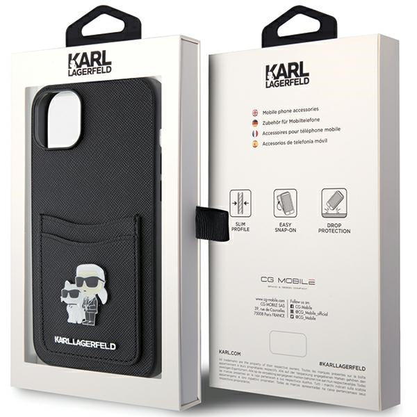 Karl Lagerfeld Saffiano dėklas su kortelių kišene iPhone 15 – juodas