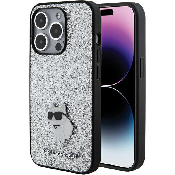 Karl Lagerfeld blizgus dėklas iPhone 15 Pro Max – sidabrinis