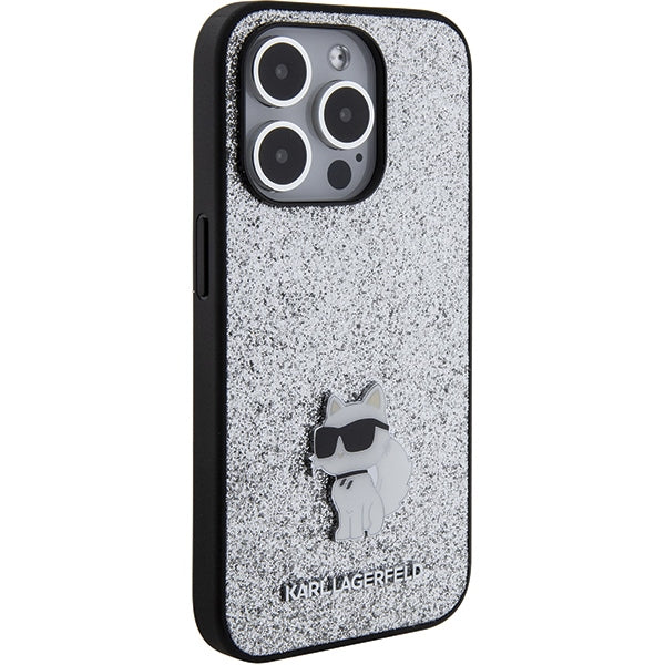 Karl Lagerfeld blizgus dėklas iPhone 15 Pro Max – sidabrinis