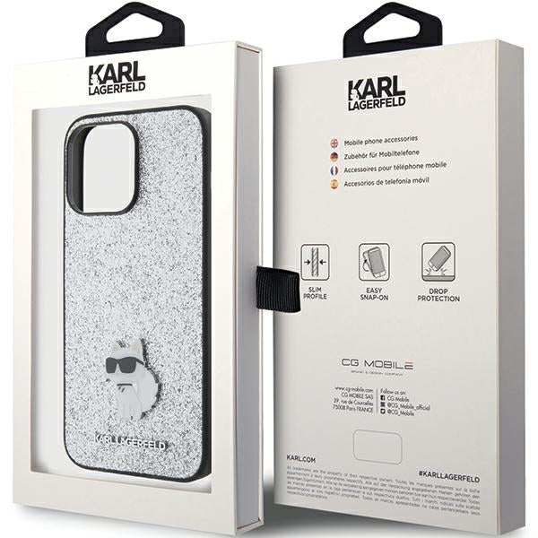 Karl Lagerfeld blizgus dėklas iPhone 15 Pro Max – sidabrinis