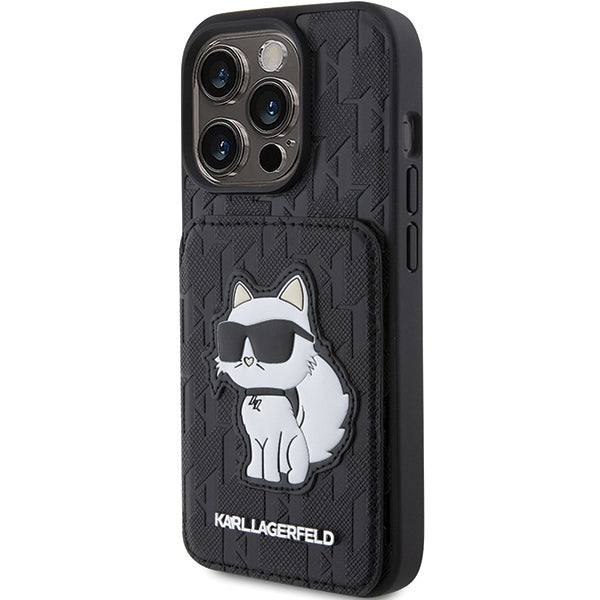 Karl Lagerfeld dėklas iPhone 15 Pro Max – juodas, su stovu