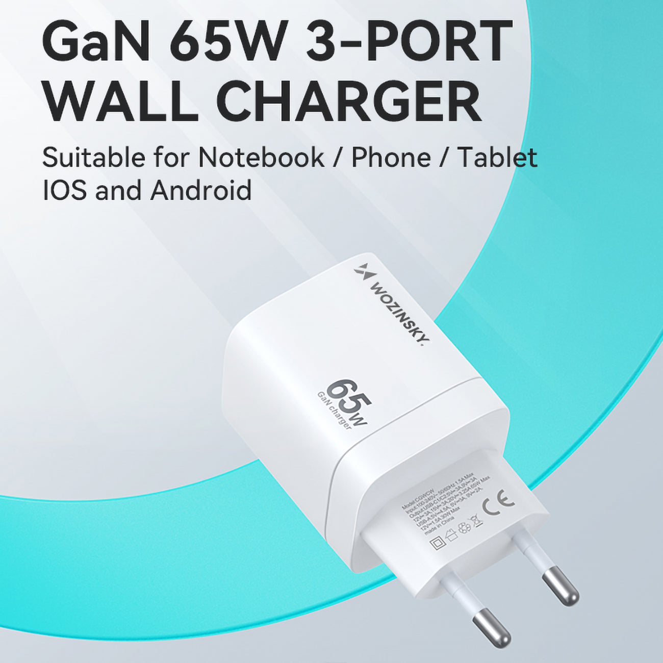 Wozinsky CGWCW 65W GaN sieninis įkroviklis USB-A / 2 x USB-C - baltas