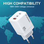 Wozinsky CGWCW 65W GaN sieninis įkroviklis USB-A / 2 x USB-C - baltas