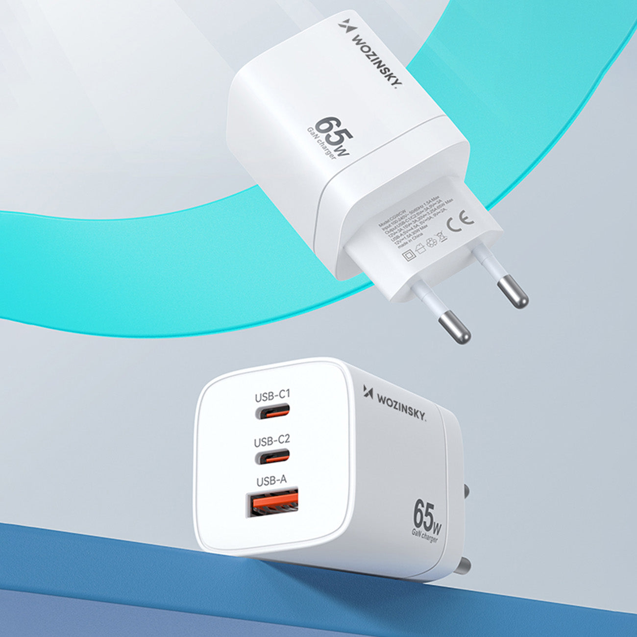 Wozinsky CGWCW 65W GaN sieninis įkroviklis USB-A / 2 x USB-C - baltas