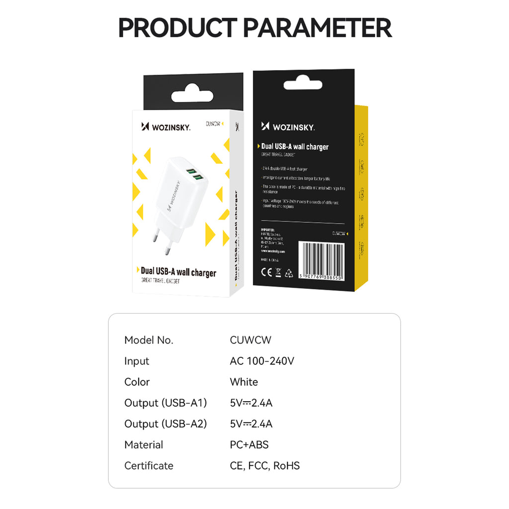 Wozinsky CUWCW 2.4A 2 x USB-A sieninis įkroviklis - baltas