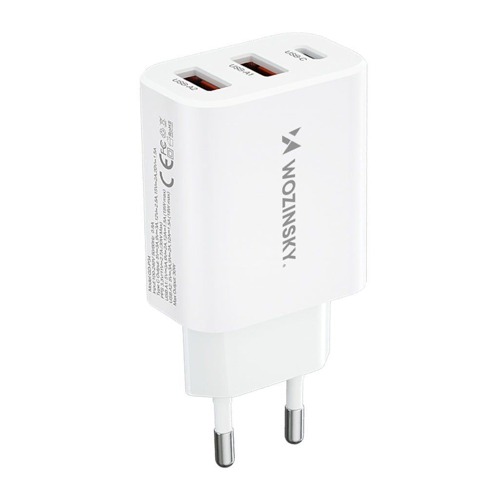 Wozinsky sieninis įkroviklis CWCUCW 30W USB-C / 2 x USB-A - baltas