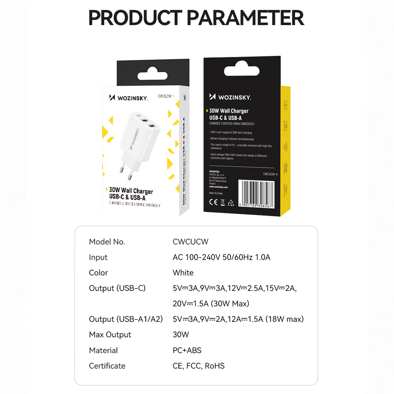 Wozinsky sieninis įkroviklis CWCUCW 30W USB-C / 2 x USB-A - baltas