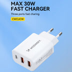 Wozinsky sieninis įkroviklis CWCUCW 30W USB-C / 2 x USB-A - baltas