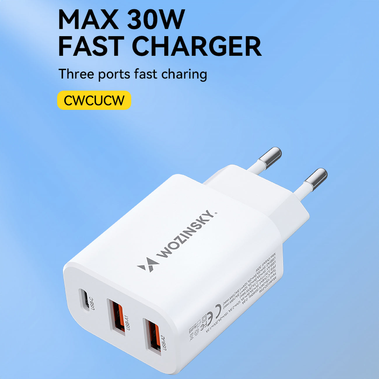 Wozinsky sieninis įkroviklis CWCUCW 30W USB-C / 2 x USB-A - baltas