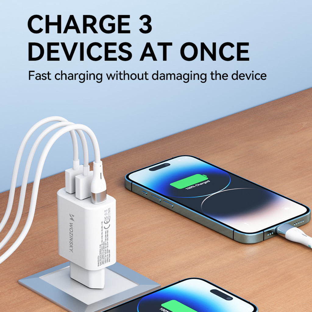 Wozinsky sieninis įkroviklis CWCUCW 30W USB-C / 2 x USB-A - baltas