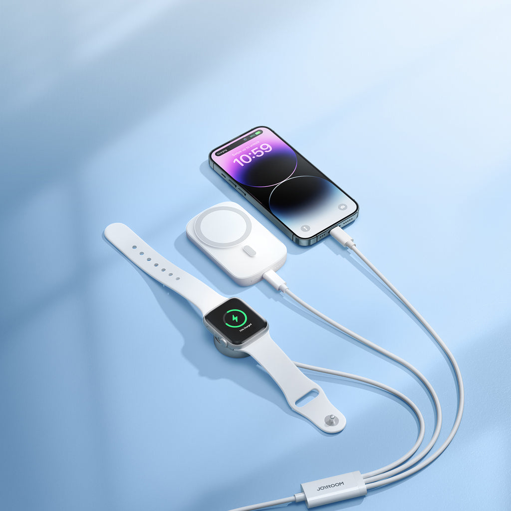 Joyroom laidas S-IW008 3-in-1 magnetinis įkroviklis USB-A - Lightning/USB-C 1.2m - baltas