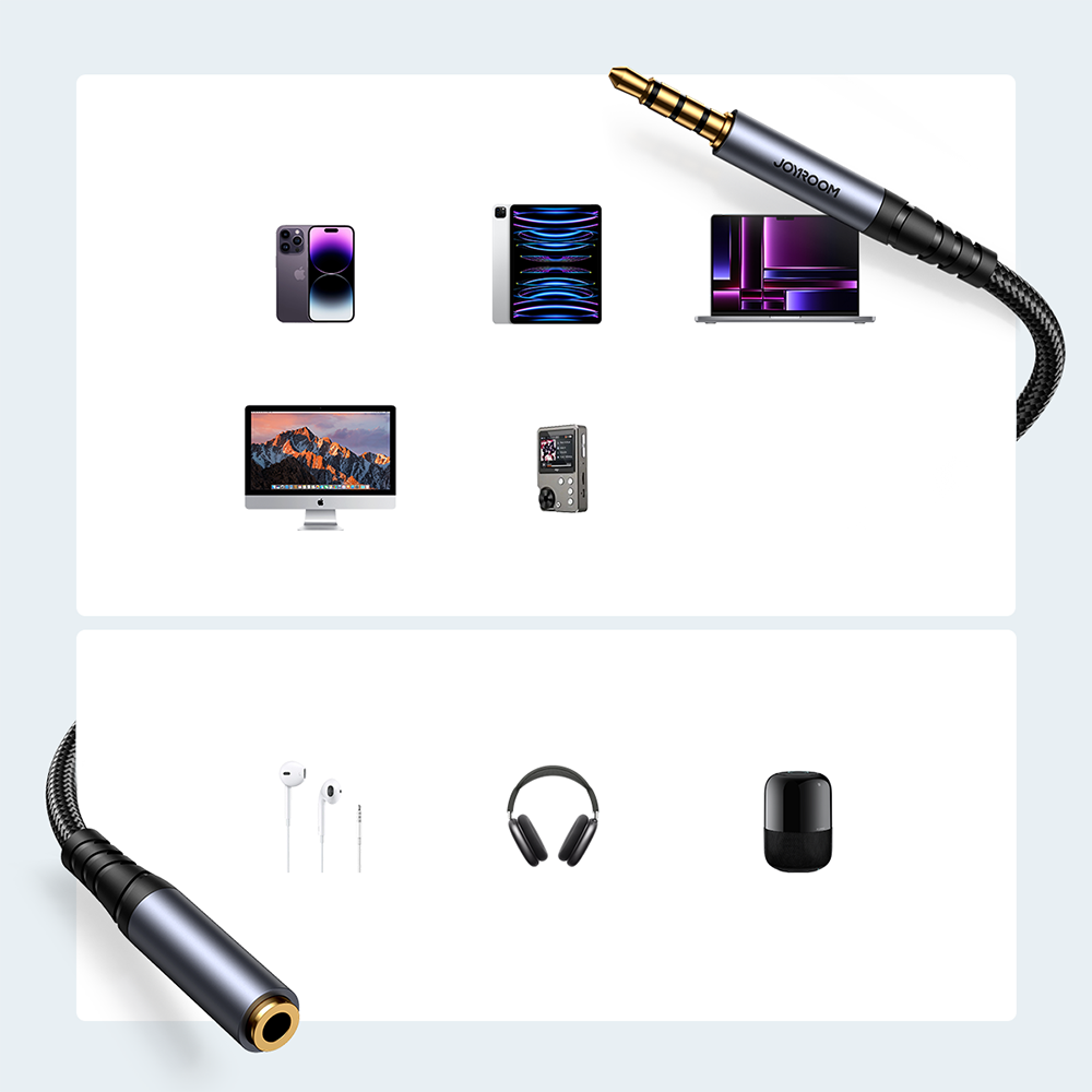 Joyroom stereo garso kabelis AUX 3,5 mm mini lizdas (vyriškas) - mini lizdas (moteriškas) 1,2 m juodas (SY-A09)