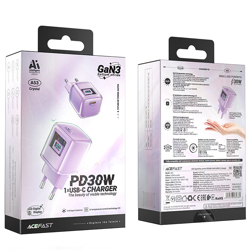 Acefast įkroviklis A53 PD 30W GaN USB-C su ekranu - violetinis