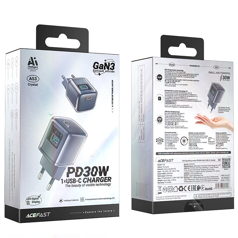 Acefast įkroviklis A53 PD 30W GaN USB-C su ekranu - pilkas