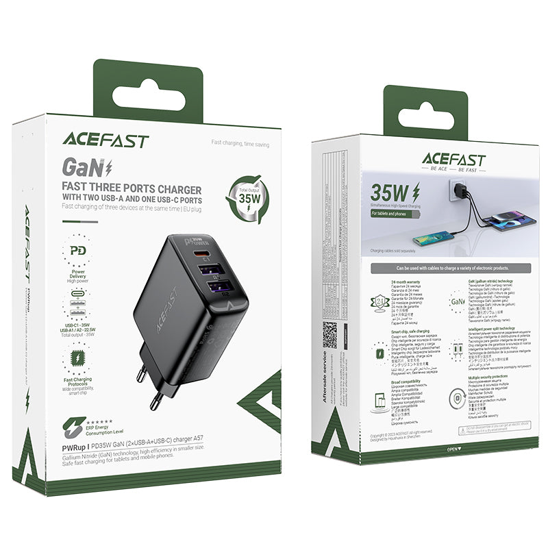 Acefast įkroviklis A57 PD 35W GaN 2 x USB-A + USB-C su 3 jungtimis - juodas
