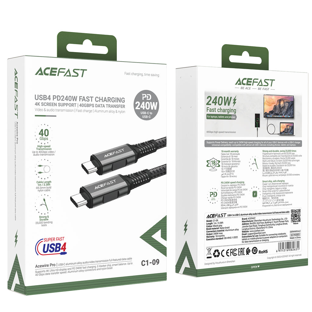 Acefast C1-09 USB-C / USB-C USB4 PD3.1 laidas 5A 1m - pilkai-juodas